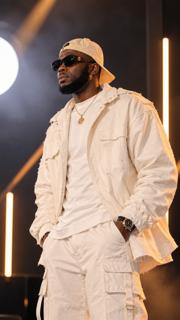 NazB — Afrobeats artist from Zürich, on stage in a cream outfit