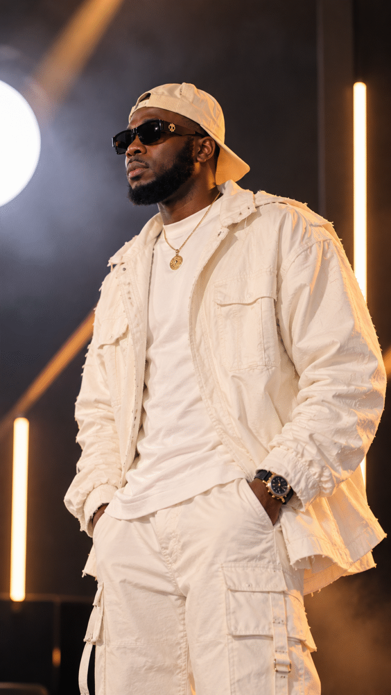 NazB — Afrobeats artist from Zürich, on stage in a cream outfit